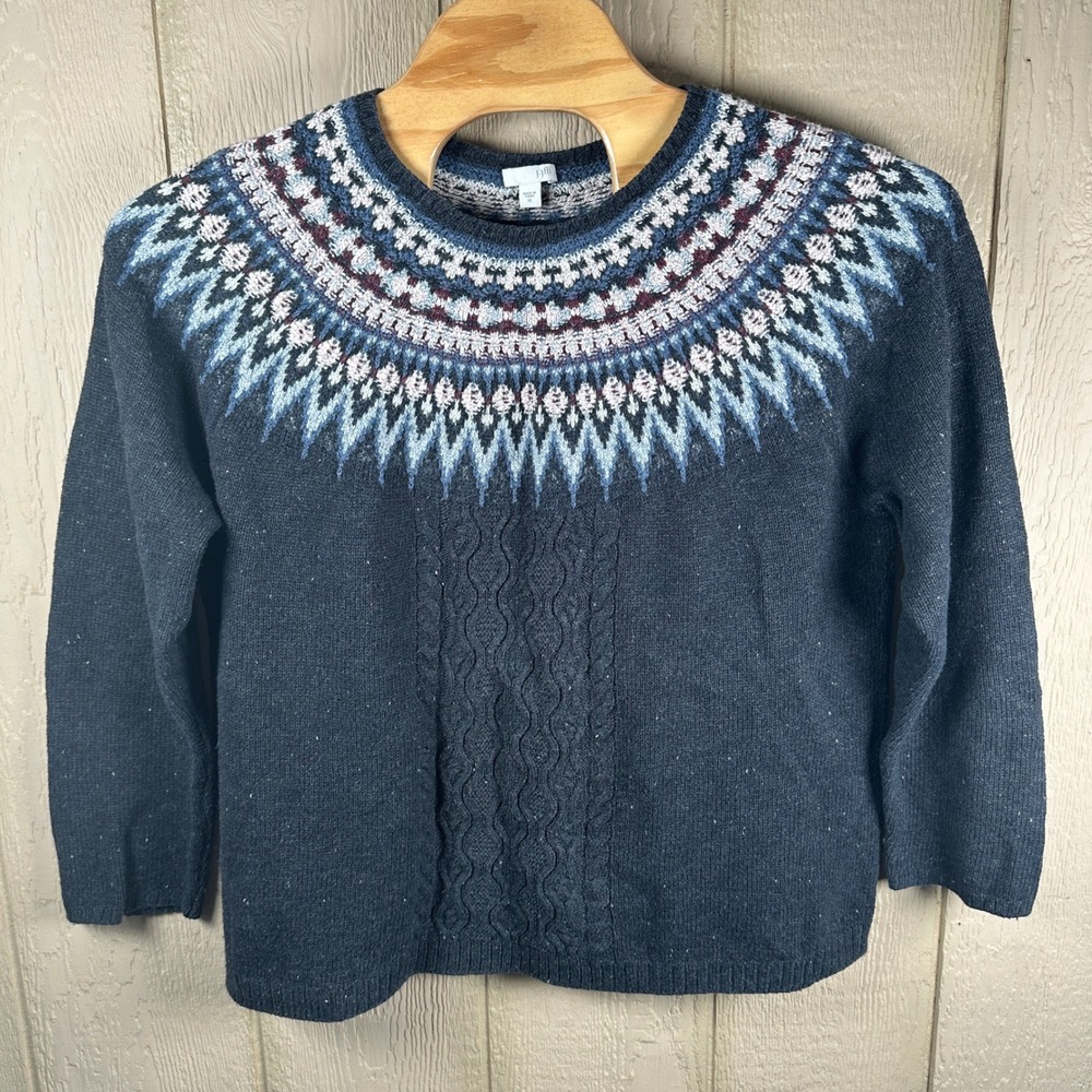 J. Jill Fair Isle Yoke Pullover Sweater Womens Sz XL Blue Cable Knit Wool Blend